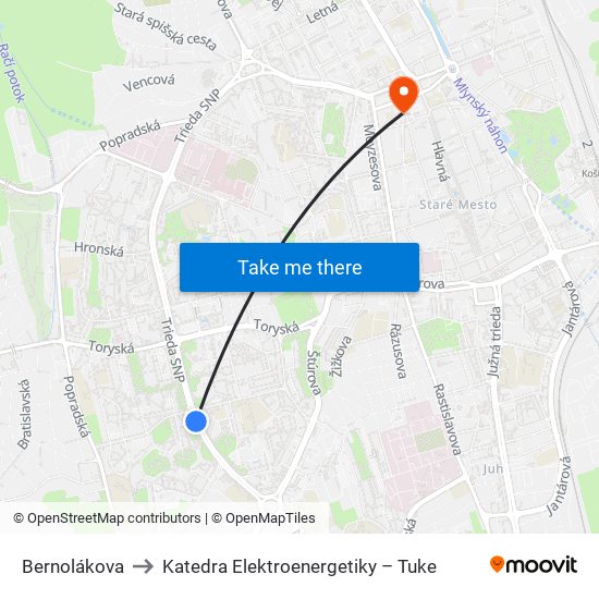 Bernolákova to Katedra Elektroenergetiky – Tuke map