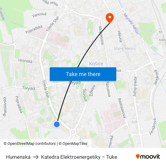 Humenská to Katedra Elektroenergetiky – Tuke map