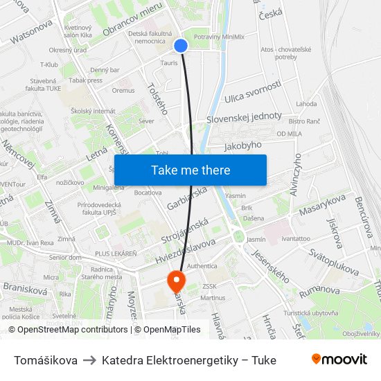 Tomášikova to Katedra Elektroenergetiky – Tuke map