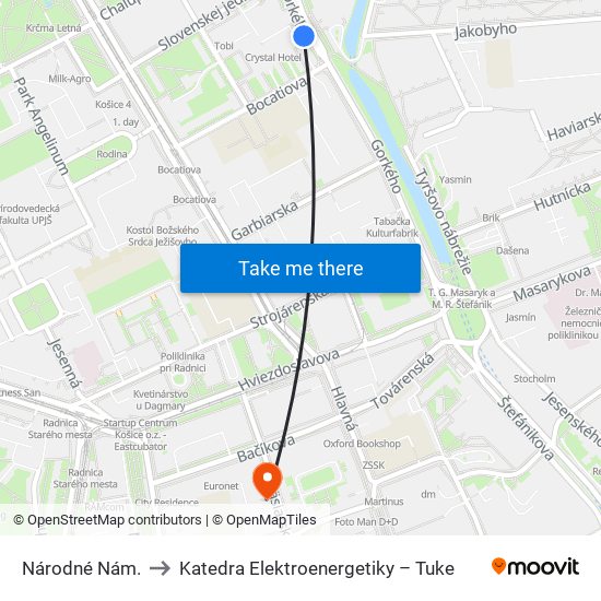 Národné Nám. to Katedra Elektroenergetiky – Tuke map