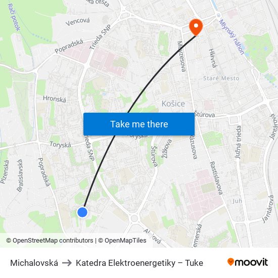 Michalovská to Katedra Elektroenergetiky – Tuke map