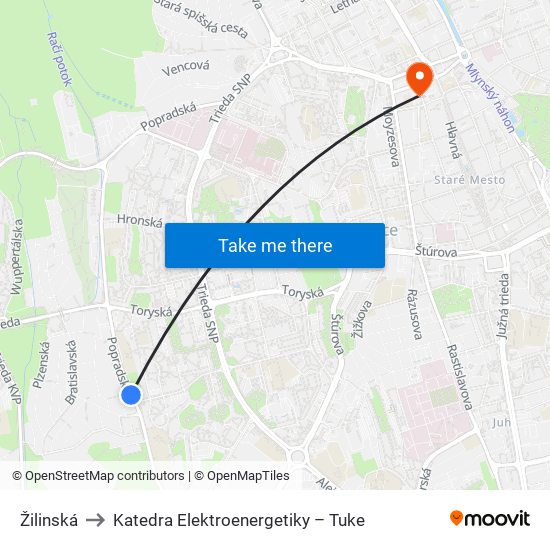 Žilinská to Katedra Elektroenergetiky – Tuke map