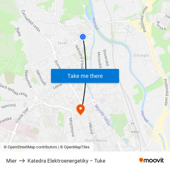 Mier to Katedra Elektroenergetiky – Tuke map