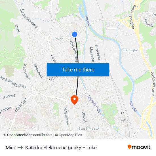 Mier to Katedra Elektroenergetiky – Tuke map