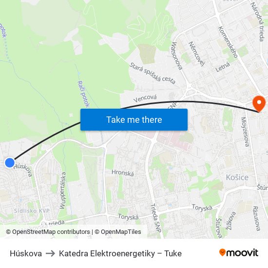 Húskova to Katedra Elektroenergetiky – Tuke map