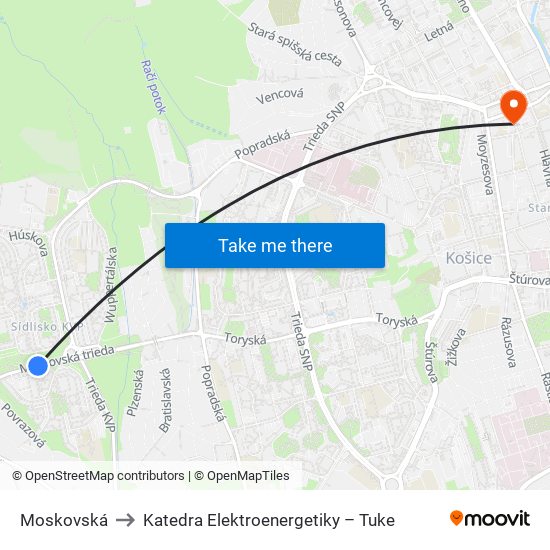 Moskovská to Katedra Elektroenergetiky – Tuke map