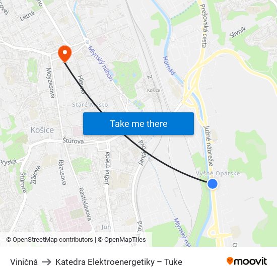 Viničná to Katedra Elektroenergetiky – Tuke map