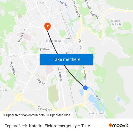 Tepláreň to Katedra Elektroenergetiky – Tuke map