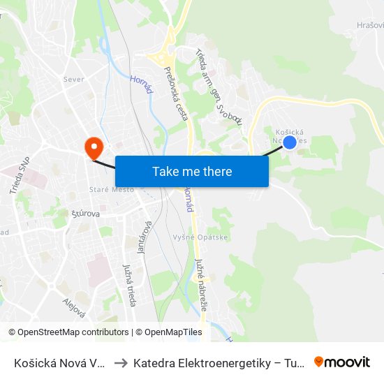 Košická Nová Ves to Katedra Elektroenergetiky – Tuke map