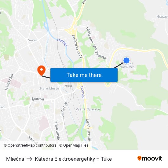 Mliečna to Katedra Elektroenergetiky – Tuke map