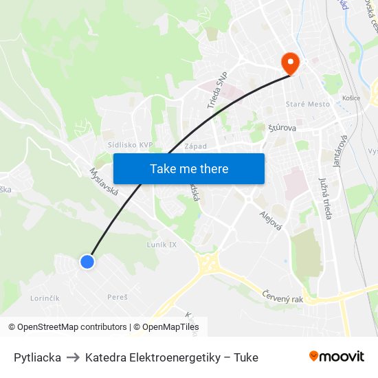 Pytliacka to Katedra Elektroenergetiky – Tuke map