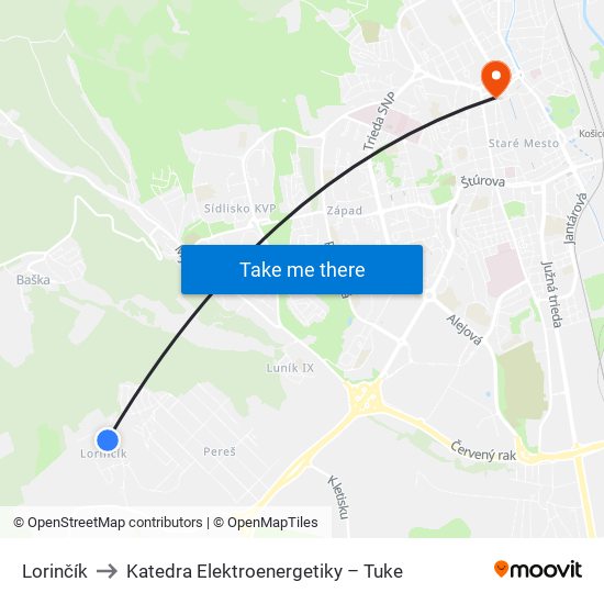 Lorinčík to Katedra Elektroenergetiky – Tuke map