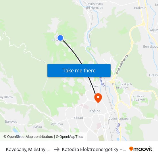 Kavečany, Miestny Úrad to Katedra Elektroenergetiky – Tuke map