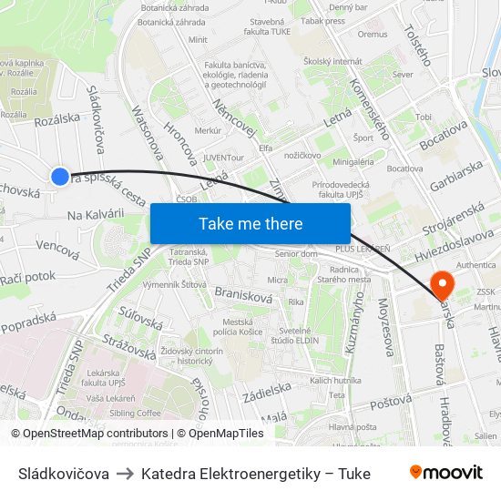 Sládkovičova to Katedra Elektroenergetiky – Tuke map