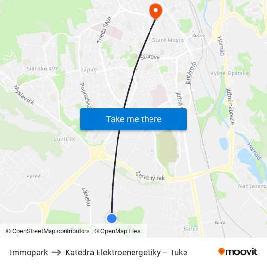 Immopark to Katedra Elektroenergetiky – Tuke map