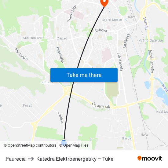 Faurecia to Katedra Elektroenergetiky – Tuke map