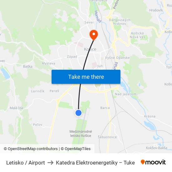 Letisko / Airport to Katedra Elektroenergetiky – Tuke map