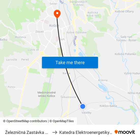 Železničná Zastávka Valaliky to Katedra Elektroenergetiky – Tuke map