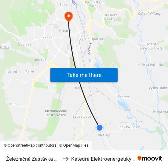 Železničná Zastávka Valaliky to Katedra Elektroenergetiky – Tuke map