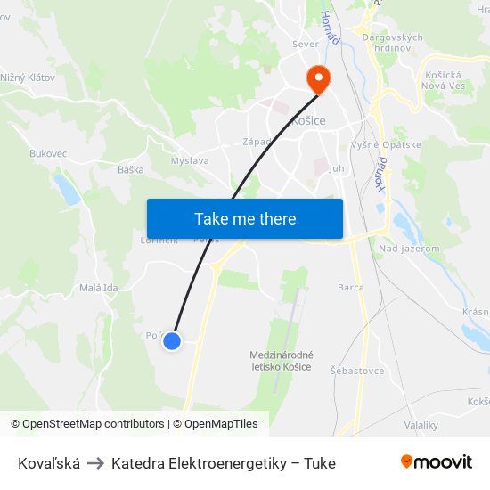 Kovaľská to Katedra Elektroenergetiky – Tuke map