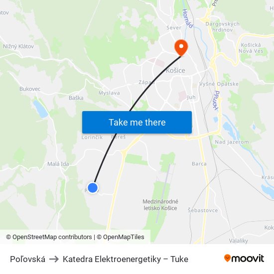 Poľovská to Katedra Elektroenergetiky – Tuke map