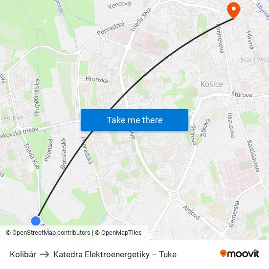 Kolibár to Katedra Elektroenergetiky – Tuke map