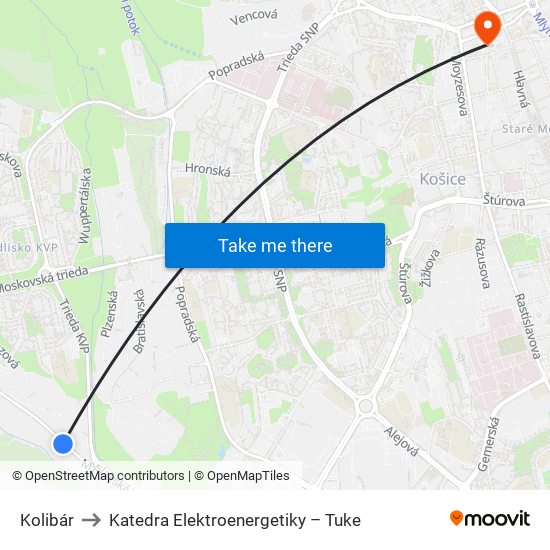 Kolibár to Katedra Elektroenergetiky – Tuke map