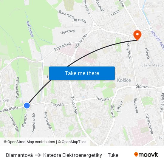 Diamantová to Katedra Elektroenergetiky – Tuke map