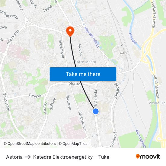 Astoria to Katedra Elektroenergetiky – Tuke map