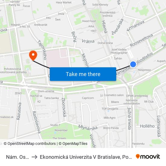 Nám. Osloboditeľov to Ekonomická Univerzita V Bratislave, Podnikovohospodárska Fakulta V Košiciach map