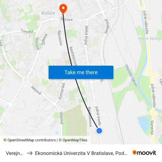 Verejný Cintorín to Ekonomická Univerzita V Bratislave, Podnikovohospodárska Fakulta V Košiciach map