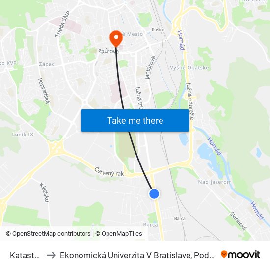 Katastrálny Úrad to Ekonomická Univerzita V Bratislave, Podnikovohospodárska Fakulta V Košiciach map