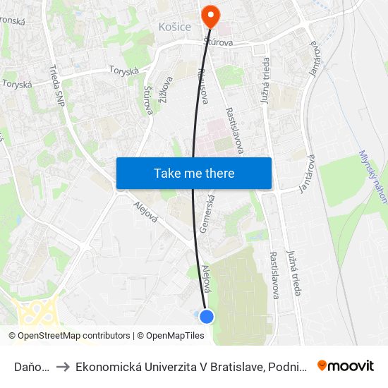 Daňový Úrad to Ekonomická Univerzita V Bratislave, Podnikovohospodárska Fakulta V Košiciach map