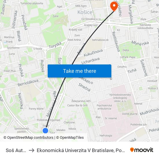 Soš Automobilová to Ekonomická Univerzita V Bratislave, Podnikovohospodárska Fakulta V Košiciach map