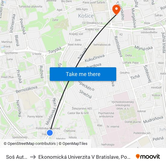 Soš Automobilová to Ekonomická Univerzita V Bratislave, Podnikovohospodárska Fakulta V Košiciach map