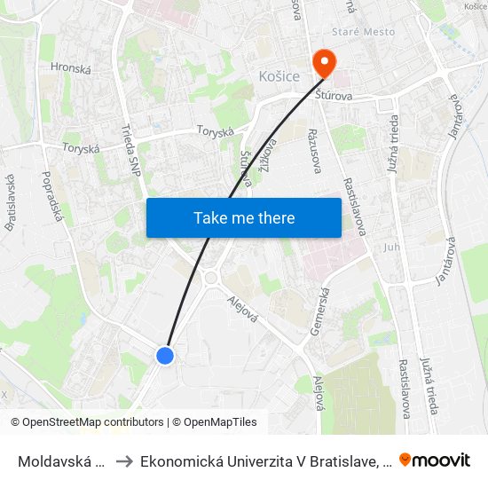 Moldavská Obchodné Centrá to Ekonomická Univerzita V Bratislave, Podnikovohospodárska Fakulta V Košiciach map