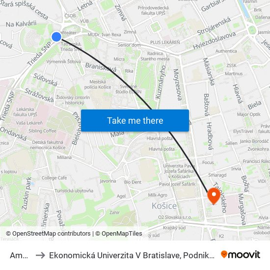 Amfiteáter to Ekonomická Univerzita V Bratislave, Podnikovohospodárska Fakulta V Košiciach map