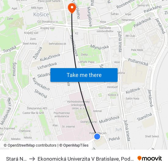 Stará Nemocnica to Ekonomická Univerzita V Bratislave, Podnikovohospodárska Fakulta V Košiciach map