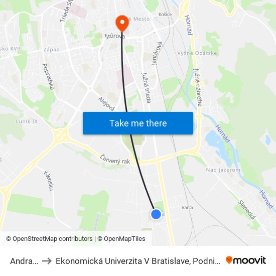 Andraščíkova to Ekonomická Univerzita V Bratislave, Podnikovohospodárska Fakulta V Košiciach map