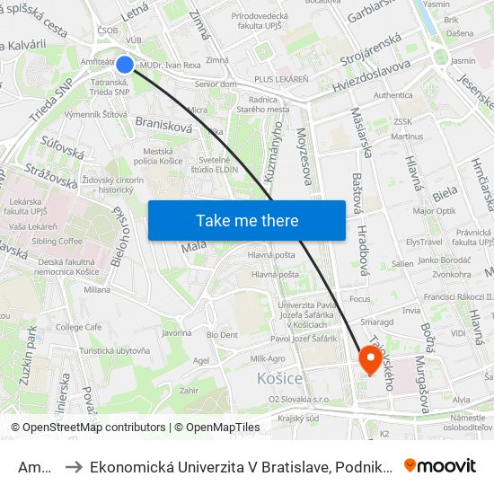 Amfiteáter to Ekonomická Univerzita V Bratislave, Podnikovohospodárska Fakulta V Košiciach map