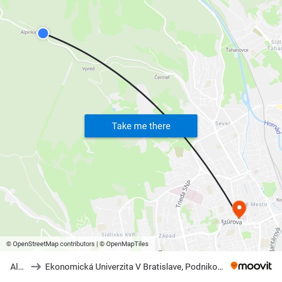 Alpinka to Ekonomická Univerzita V Bratislave, Podnikovohospodárska Fakulta V Košiciach map