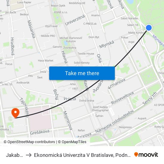 Jakabov Palác to Ekonomická Univerzita V Bratislave, Podnikovohospodárska Fakulta V Košiciach map