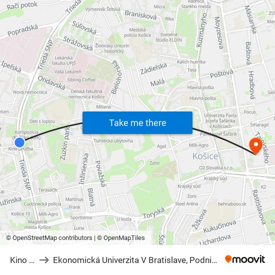 Kino Družba to Ekonomická Univerzita V Bratislave, Podnikovohospodárska Fakulta V Košiciach map