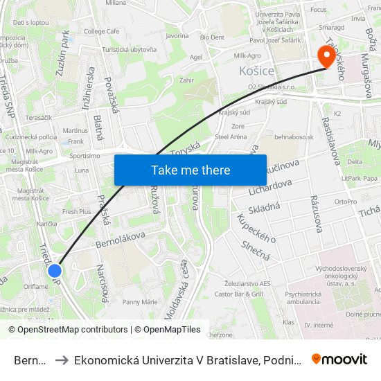 Bernolákova to Ekonomická Univerzita V Bratislave, Podnikovohospodárska Fakulta V Košiciach map