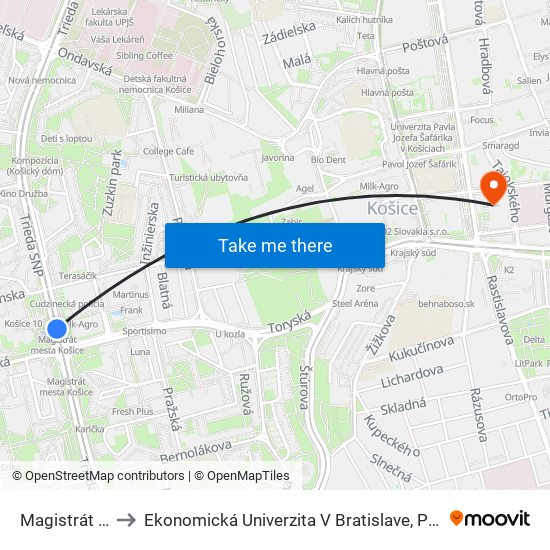 Magistrát Mesta Košice to Ekonomická Univerzita V Bratislave, Podnikovohospodárska Fakulta V Košiciach map