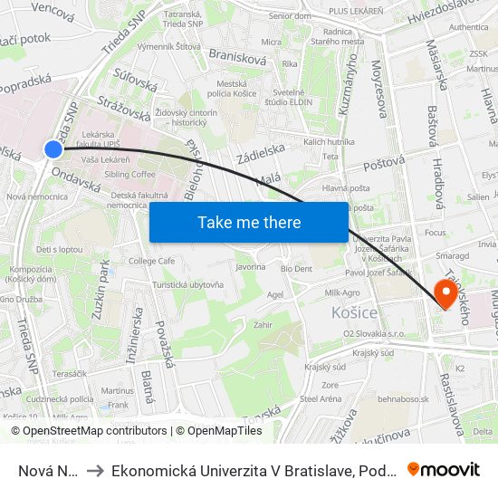 Nová Nemocnica to Ekonomická Univerzita V Bratislave, Podnikovohospodárska Fakulta V Košiciach map