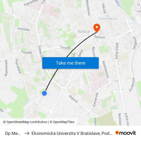 Dp Mesta Košice to Ekonomická Univerzita V Bratislave, Podnikovohospodárska Fakulta V Košiciach map