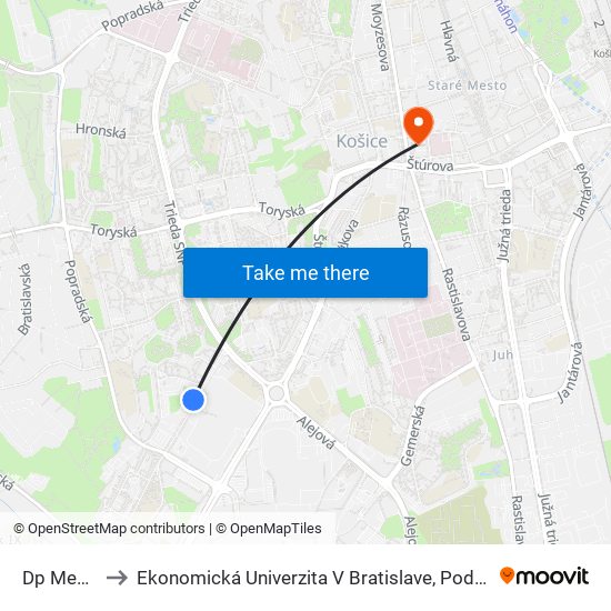 Dp Mesta Košice to Ekonomická Univerzita V Bratislave, Podnikovohospodárska Fakulta V Košiciach map