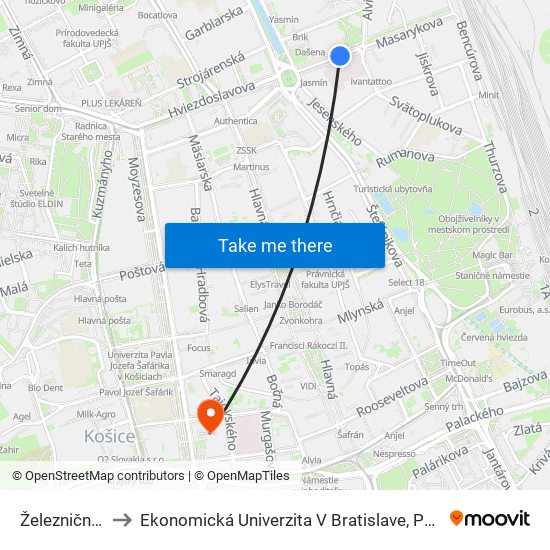 Železničná Nemocnica to Ekonomická Univerzita V Bratislave, Podnikovohospodárska Fakulta V Košiciach map