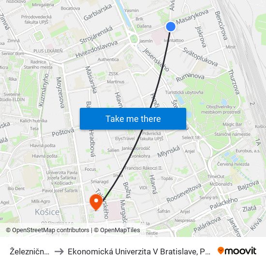 Železničná Nemocnica to Ekonomická Univerzita V Bratislave, Podnikovohospodárska Fakulta V Košiciach map